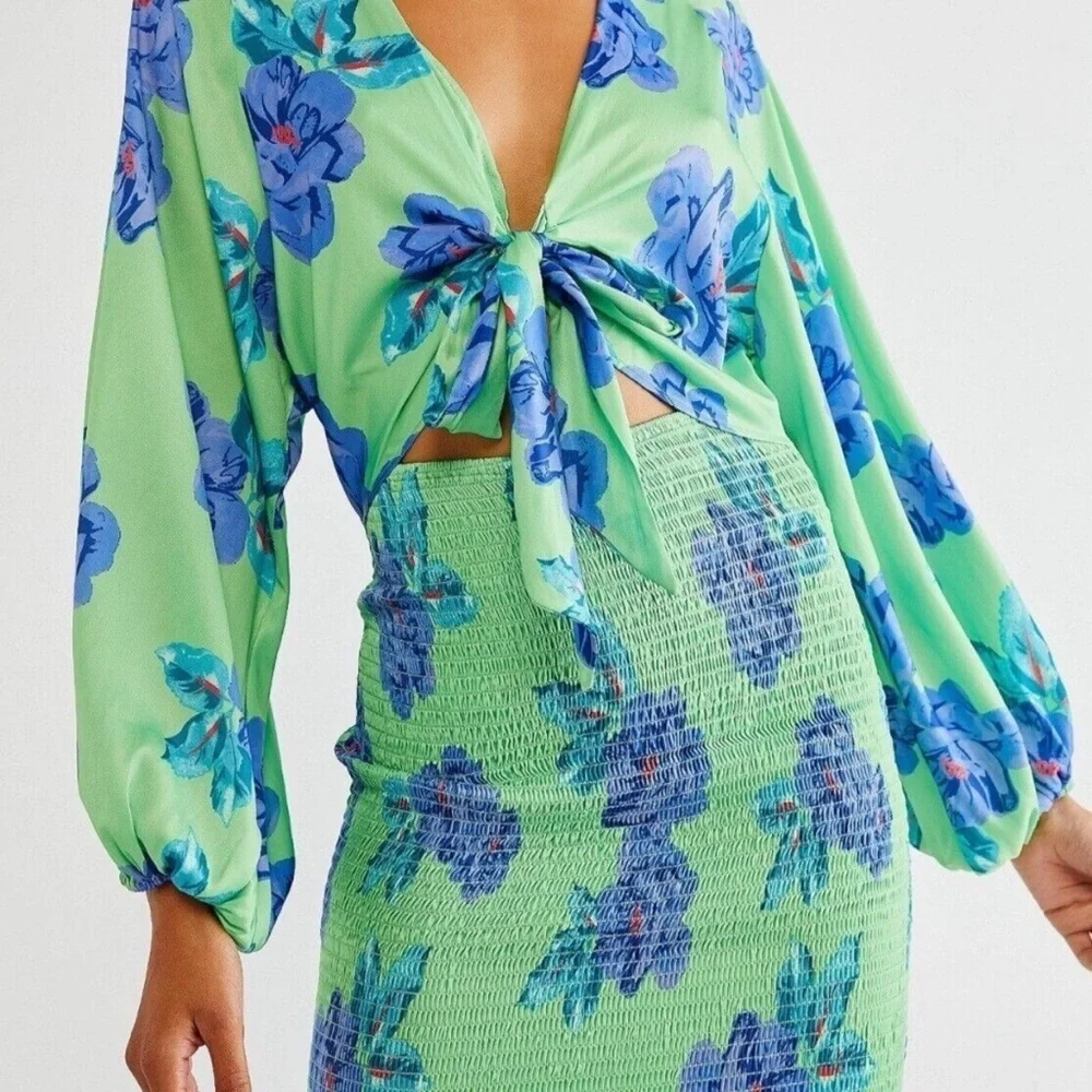 Free People Mini Dress Cassie Dress Lime Blue Size S Summer Dress - Picture 2 of 16